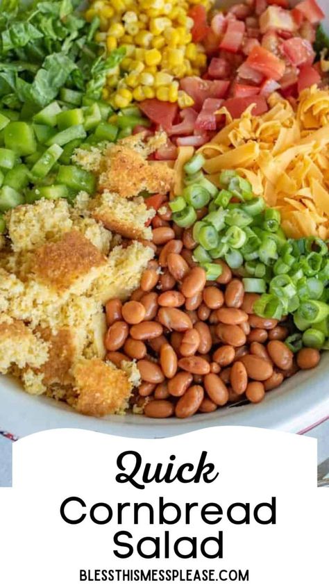 This easy Cornbread Salad recipe  has all of your favorite summertime flavors, like tomatoes, corn, pinto beans, and the star of the show, cornbread! This is a party favorite and perfect to take to a get-together. Summer food is the best. Cornbread Salad Recipe Southern, Cornbread Salad Trisha Yearwood, Okra Salad Recipes, Pinto Beans And Cornbread, Corn Bread Salad, Meatless Salads, Pinto Bean Salad, Mexican Cornbread Salad, Cornbread Salad Recipe