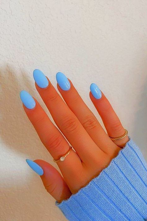 Blue Nail Color Ideas Summer, Light Blue Matte Nails Short, Spring Nails 2023 Gel Blue, I’ve Blue Nails, Dip Powder Blue Nails, Solid Beach Nails, Beach Nails 2023 Trends, Oval Nail Color Ideas, Neon Light Blue Nails