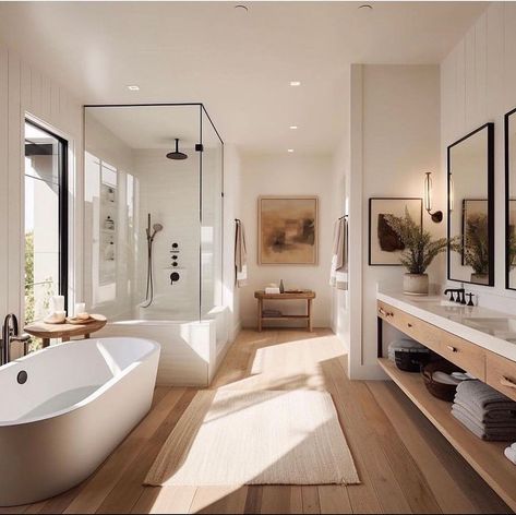 bathroom ideas Master Bath With Hardwood Floors, Beautiful Bathrooms Modern Luxury, Bathrooms With Dark Wood Floors, Modern Warm Bathroom, 10x10 Bathroom Layout, Resort Style Bathroom, Planning 2024, Large Bathroom Remodel, Luxury Minimalism