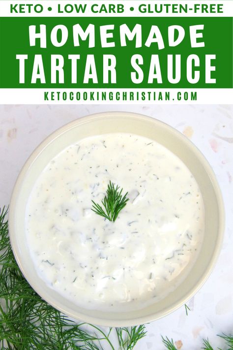 This is the best homemade creamy Keto Tartar Sauce. It's great with chicken or shrimp or any of your Keto seafood recipes. #glutenfreetartarsauce #ketotartarsauce #glutenfreetartarsauce Quick Tartar Sauce Recipe, Keto Condiments, Keto Dips, Tartar Sauce Recipe, Keto Fish, Keto Salads, Healthy Dressing, Keto Sauces, Keto Salad