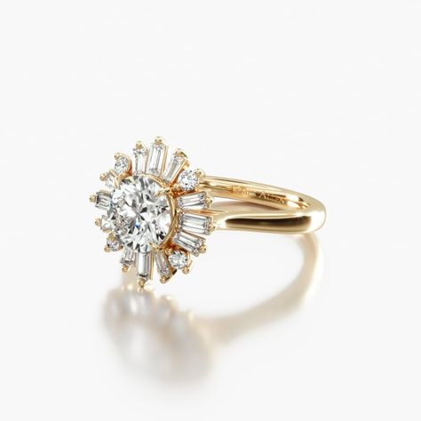 Ballerina Engagement Ring Vintage, Vintage Round Engagement Ring, Ballerina Engagement Ring, Yellow Gold Engagement Ring Set, Baguette Halo, Vintage Engagement Rings Round, Ballerina Ring, Vintage Inspired Engagement Rings, 2025 Wedding