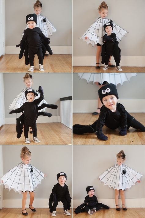 DIY Spider and Spider Web Kids Halloween Costume Ideas Halloween Siblings Costumes, Spider And Spider Web Costume, Toddler Spider Costume Diy, Spider And Fly Costume, Infant Spider Costume, Charlotte’s Web Costume Diy, Spider And Web Costume, Black Spider Costume, Diy Spider Web Costume