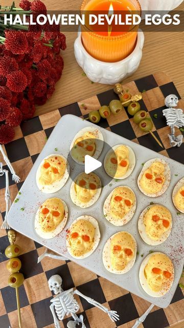 Jessie Jane Daye on Instagram: "Skeleton Deviled Eggs just hit different 😉💀 Comment, “eggs” for the link to the recipe, tutorial, and skull mold sent to your dm!   https://www.jessiedaye.com/all-recipes/2024/9/20/halloween-skeleton-deviled-eggs  #halloween #fall #deviledeggs #easyrecipes" Halloween Party Deviled Eggs, Halloween Deviled Eggs Spider, Deviled Egg Halloween, Devil Deviled Eggs, Skull Deviled Eggs, Halloween Develd Eggs, Deviled Eggs For Halloween, Skeleton Food Ideas, Halloween Deviled Eggs Eyeballs