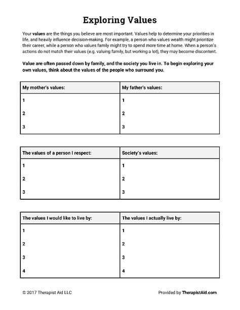 Exploring Values | Worksheet | Therapist Aid Values Worksheet, Life Priorities, Therapy Worksheets, Decision Making, The Things