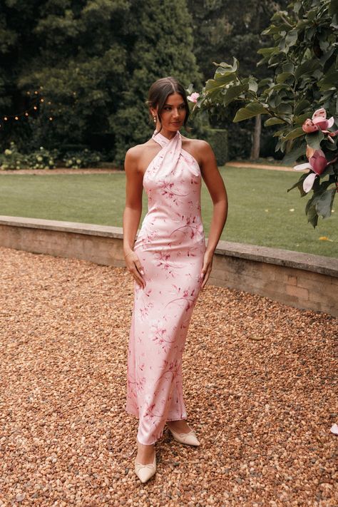 Mila Halterneck Maxi Dress - Pink Floral Pink Evening Dress Long, Floor Length Pink Dress, Garden Chic Dress, Maybe Bridesmaid Dresses, Bridesmaids Floral Dresses, Bridesmaid Summer Dresses, Light Pink Wedding Guest Dress, Mix Match Pink Bridesmaid Dresses, Floral Garden Party Dress