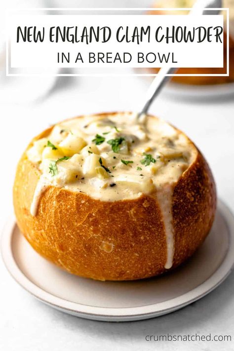 Clam Chowder Bread Bowl Recipe, Sourdough Bread Bowls, Cream Onions, Mini Bread Bowls, Bread Bowl Soup, Clam Cakes, Bread Bowl Recipe, New England Clam Chowder, Chowder Soup