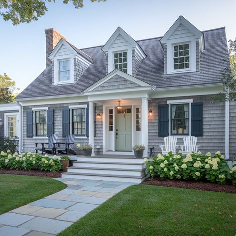 Cape Cod House Interior 💙💙🤍🤍 Nantucket Style Homes Exterior Cape Cod, Front Porch Cape Cod House, Grey Cape Cod House Exterior, Cape Home Interior, Cozy Cape Cod Interior, Cape Cod Modern Exterior, Brick Cape Cod Exterior, Cape Cod House Exterior Before And After, Cape Cod Front Porch Ideas