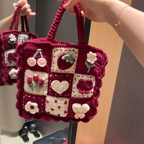 Crochet Strawberry Bag, Granny Square Handbag, Crochet Messenger Bag, Burgundy Crochet, Random Crochet, Cherry Bag, Strawberry Bag, Crocheted Squares, Crochet Bag Purse