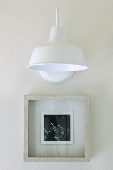 White Farmhouse Sconce Over Ultrasound Picture in Frame Framed Ultrasound Pictures, Cabinet Trim, Ultrasound Pictures, White Farmhouse, Room Update, Diy Renovation, Diy House Projects, House Projects, In Frame