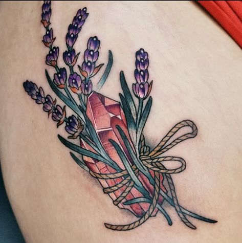 Crystal With Flowers Tattoo, Floral Crystal Tattoo, Flower And Crystal Tattoo, Rose Quartz Tattoo, Birthstone Tattoos, Cottagecore Tattoo Ideas, Bea Tattoo, Family Tree Tattoos, Amethyst Tattoo