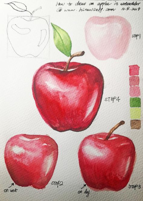 Apple Watercolor Painting Tutorial, Easy Watercolor Fruit, Watercolor Apple Tutorial, How To Paint An Apple, Apple Fruit Art, How To Draw Apple, How To Draw An Apple, Fruits To Draw, Watercolor Fruit Paintings