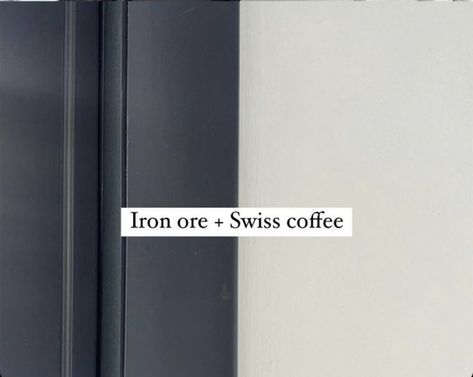 Swiss Coffee And Iron Ore, Swiss Coffee Paint Color, Painting Interior Doors Black, Downstairs Hallway, Swiss Coffee Paint, Mom Bathroom, Powder Room Paint, Vegas House, Exterior Paint Schemes