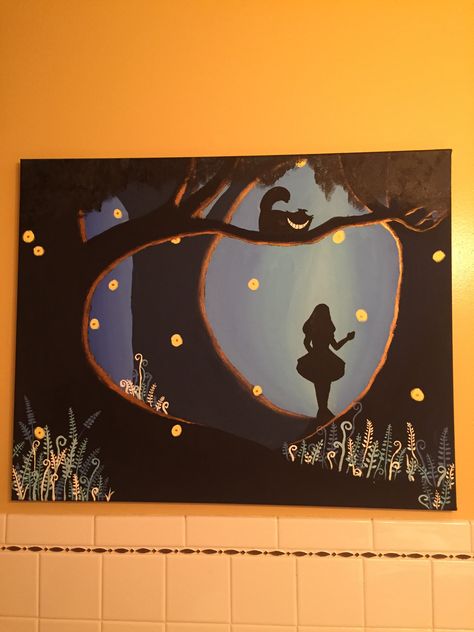 Alice In Wonderland Silhouette Art, Detailed Canvas Painting Ideas, Cute Paintings On Canvas Disney, Painting Ideas On Canvas Alice In Wonderland, Alice In Wonderland Art Paintings, Diy Disney Painting, Painting Ideas For Sisters, Alice In Wonderland Acrylic Painting, Small Disney Paintings