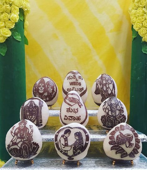 Dry coconut carvings for an upcoming wedding 👉 Plan your Wedding with Sanasambhramaa events and make your special day memorable ☺️ 👉 Feel free to contact us at 9113800763 or visit the website http://www.sambhramaa.com/  #drycoconutcarvings #drycoconut #drycoconuts #SanasaambhramaaEvents #southindianwedding #southindianweddings #southindianweddingblog #southindianweddingjewellery #weddingplanners #WeddingPlannersinBangalore #wedding #bangaloreweddingplanners #southindianweddingplanners #indianw Marriage Decoration Items, Coconut Design For Wedding, Dry Coconut Decoration For Wedding, Wedding Coconut Decoration Indian, Coconut Decoration For Engagement, Coconut Decoration For Marriage, Rukhwat Ideas, Coconut Design, Indian Wedding Reception Outfits