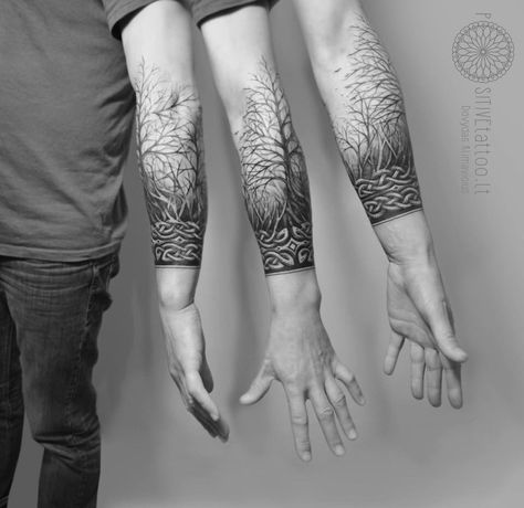 Nice integration of knotwork and treescape Tree Tattoo Forearm, Tree Tattoo Arm, Natur Tattoo Arm, Wood Tattoo, Forest Tattoos, Wrist Tattoos For Guys, Upper Arm Tattoos, Forearm Tattoo Men, Arm Band Tattoo