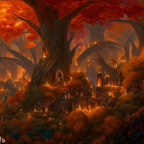 Fire Town Fantasy Art, Autumn City Fantasy Art, Tree Castle Fantasy Forests, Elven Concept Art, Fire Village Fantasy Art, Forest Town Fantasy Art, Fairy Village Illustration, Tree City Fantasy Art, Fantasy Tree Village