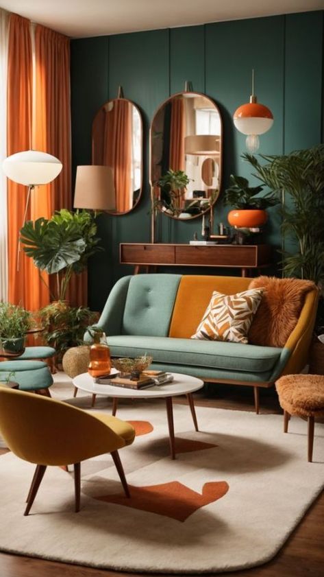 Boho 70s Living Room, Boho Meets Mid Century Modern, Living Room Inspiration Mid Century Modern, Living Room Mid Century Modern Bohemian, Mcm Retro Living Room, Mid Mod Interior Design, Sixties Living Room, 60s Style Living Room, Modern 70s Interior