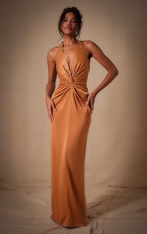 Copper Satin Dress, Satin Ruched Halter Neck Maxi Dress, Satin Copper Bridesmaid Dresses, Satin Halter Neck Maxi Dress With Ruched Details, Copper Luxe Satin Dress, Orange Formal Dresses, Midi Wedding Guest Dress, Floral Dress Wedding Guest, Lace Wedding Guest Dress