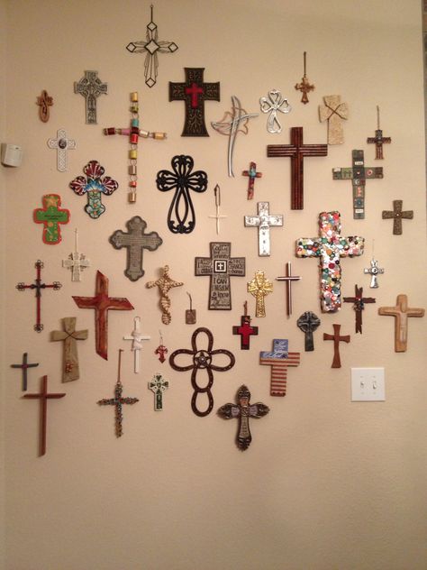 My Cross Wall.  My Grandson calls this a "cross collage"! Cross Gallery Wall, Pictures Of Crosses, Cross Wall Collage, Cross Collage, Cross Walls, Decorating Stairway Walls, Altar Catholic, Decorative Crosses, Cross Wall Art