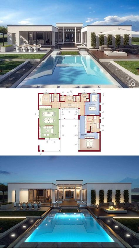 Modern Luxury Bungalow, Luxury Bungalow House, House Plans With Pool, Luxury Bungalow, Pelan Rumah, Villa Design Architecture, Pool House Plans, Modern Villa Design, Architectural Design House Plans