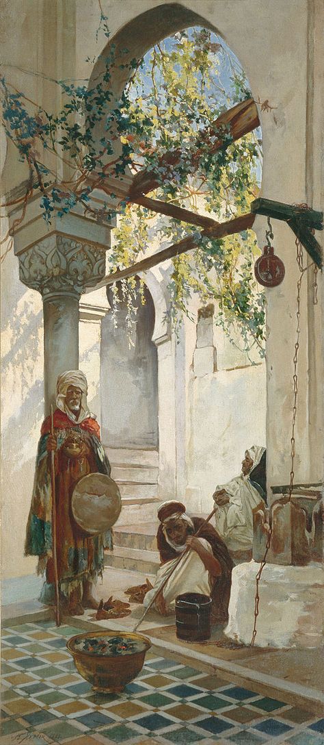 Entrée d'une mosquée a Tlemcen en Algérie, peinture orientaliste de 1882 par Valery Jacobi. Entrance, Architecture, Art