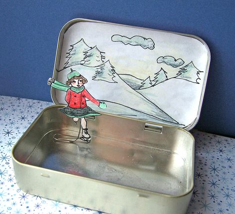 Show your children how easy it is to make their own mini ice skating rink by recycling a few household materials. This is creative, and also a great Christmas art project from @Corinne Dean that they can play with. Altoid Crafts, Decorated Tins, Jesus Walking, Altoids Tin, Altoid Tin, Altoids Tins, Altered Tins, Mint Tins, Skating Rink