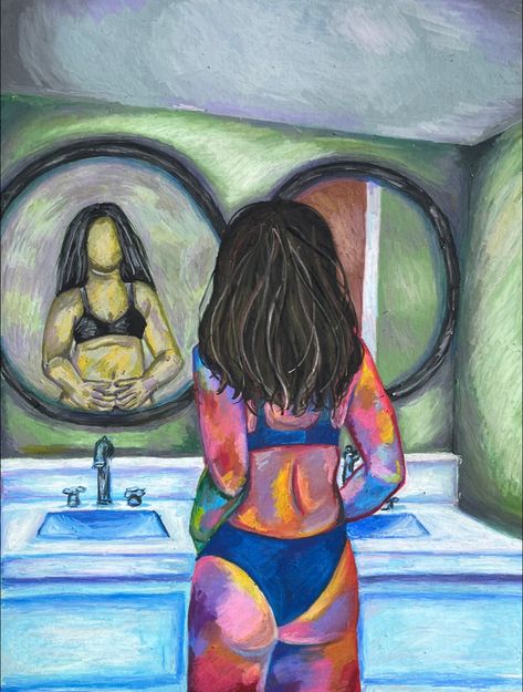 Oil pastel on mat board Maddox Howell Body Dismporhia Mirror, Body Distortion Art, Body Dismporhia, Pastel Mirror, Distorted Reflection, Distortion Art, Mirror Drawings, Oil Pastel Art, Body Drawing