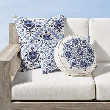 Anika Blue Embroidered Indoor/Outdoor Pillow Covers Patio Pillows Outdoor, Pillows Blue, Frontgate Outdoor, Frontgate Outdoor Furniture, Patio Pillows, Blue White Decor, Embroidered Pillow Covers, Outdoor Pillow Covers, Indoor Outdoor Pillows