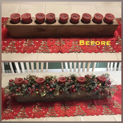 I transformed the boring sugar mold into my new Christmas centerpiece. Sugar Mold Christmas Decor, Christmas Sugar Mold, Sugar Mold Decor Ideas, Sugar Mold Centerpieces, Sugar Molds Decor, Wooden Sugar Molds, Christmas Candle Centerpiece, Christmas Table Centerpiece, Country Christmas Trees