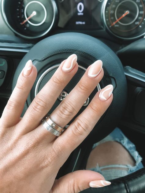 Spring 2021 Nails, nude base, white squiggle, almond shape. Squiggle Nails White, Almond Squiggle Nails, Natural Nails With White Lines, Short Squiggle Nails, White Squiggle Line Nails, Almond Nails With White Lines, Prom Nails Almond Shape, Squiggle Line Nails, Nude Nails With White Lines