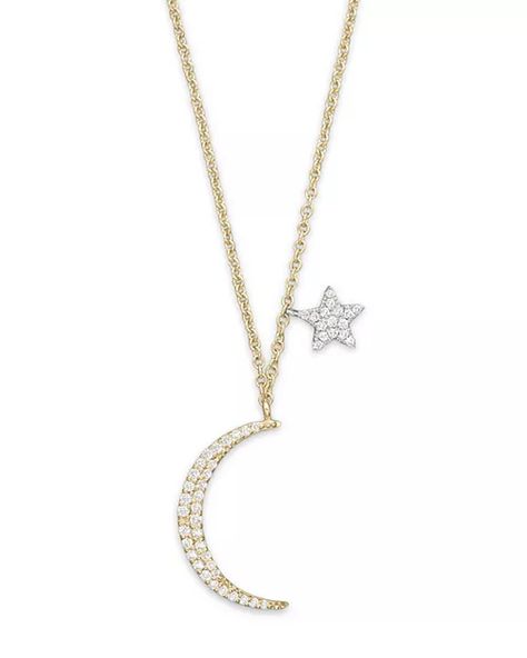 Meira T - Diamond Moon Necklace in 14K Yelliow Gold, .22 ct. t.w., 16" Diamond Moon Necklace, Diamond Chain Necklace, Starburst Necklace, Star Charm Necklace, 14k Yellow Gold Necklace, Star Of David Pendant, Star And Moon, Hamsa Necklace, Star Pendant Necklace