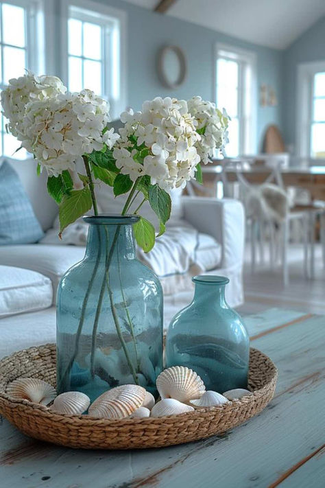 22 Gorgeous Beach Cottage Decor Ideas Seaside Chic Decor, Coastal Ideas Decor, Sea Inspired Decor, Beach House Vibe Interior, Beach Vibe Decor Style Inspiration, Vintage Beach Cottage Decor, Summer Beach Decor, Coastal Tray Decor Ideas, Beach Shelf Decor