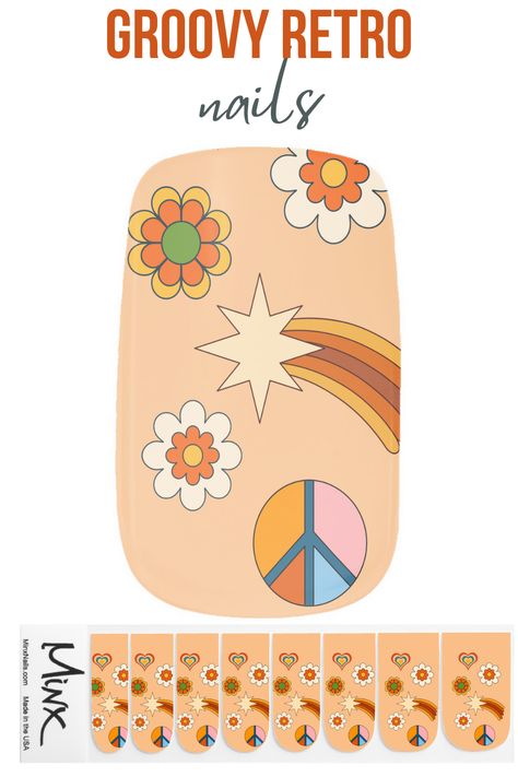 Groovy retro boho nails minx nail art 70s Groovy Nail Art, Groovy One Nails, Groovy Manicure, Groovy Nails Flowers, Groovy Gel Nails, Boho Nails, Minx Nails, Daisy Party, Daisy Nails