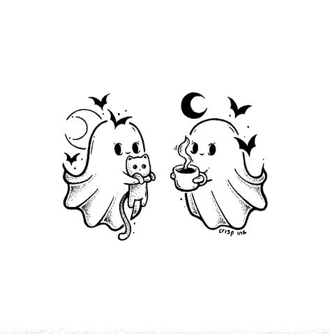 Gemini Ghost Tattoo, Sister Spooky Tattoo, Ghoul Friends Tattoo, Twin Ghost Tattoo, Ghost With Tea Cup Tattoo, Best Ghoul Friends Tattoo, Minimalist Spooky Tattoo, Two Ghost Tattoo, Small Spooky Tattoos For Women