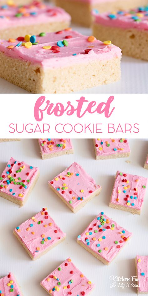 Frosted Sugar Cookie Bars - Kitchen Fun With My 3 Sons Funfetti Sprinkles, Sugar Cookie Bars Recipe, Dessert Reception, Sugar Cookie Bar Recipe, Valentines Theme, Quick Dessert Recipes, Sugar Cookie Bars, Cookie Brownie Bars, Oreo Recipes