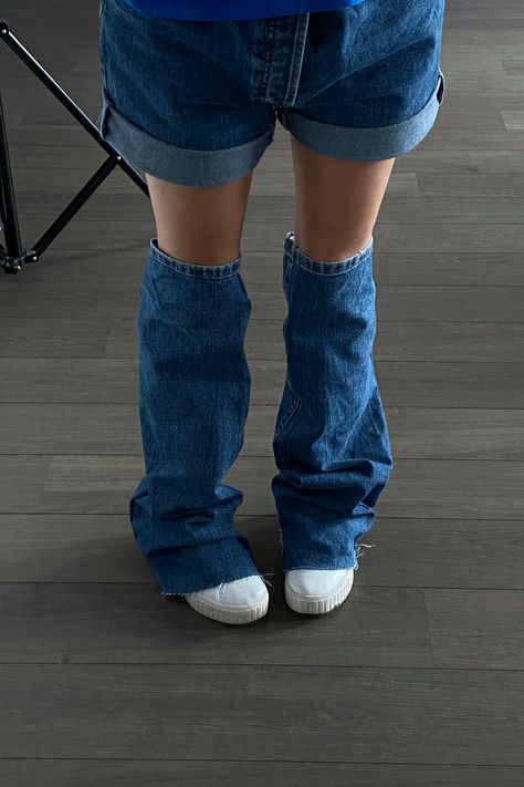 Denim Leg Warmers: How To Upcycle Jeans The 2022 Way Diy Jean Leg Warmers, How To Make Leg Warmers Out Of Jeans, Jean Legwarmers, Leg Warmers Denim, Legwarmers Outfit Jeans, Denim Leg Warmers Outfit, Leg Warmers Over Jeans, How To Make Leg Warmers, Jean Leg Warmers