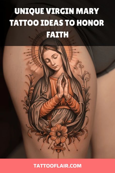 Virgin Mary tattoos are a beautiful way to express faith and devotion. They come in many styles, from detailed and traditional to modern and minimalist. Each design holds deep meaning and can be a source of inspiration and comfort. In this article, we explore various Virgin Mary tattoo ideas to help you find the perfect piece. Virgin Mary Floral Tattoo This beautiful tattoo depicts the Virgin Mary standing gracefully, surrounded by delicate flowers. The intricate details in her robe and the halo Virgin Mary Praying Tattoo, Small Virgin Mary Tattoo, Virgin Tattoo, Virgin Mary Tattoo Design, Virgin Mary Tattoos, Mary Tattoos, Mary Of Guadalupe, Virgin Mary Praying, Honey Bee Tattoo