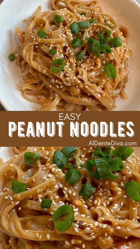 These easy peanut noodles are made with warm rice noodles tossed in a delicious sauce made of peanut butter, soy sauce and just a few other simple ingredients.  #peanutnoodles #easyrecipe #dinnerideas #noodles Thai Chicken Salad With Peanut Dressing Rice Noodles, Peanut Butter Main Dish Recipes, Simple Peanut Noodles, Healthy Peanut Butter Noodles, Vermicelli Recipes Peanut Sauce, Recipes Using Peanut Sauce, Peanut Butter Rice Noodles, Shrimp Peanut Sauce Noodles, Soba Noodles With Peanut Sauce