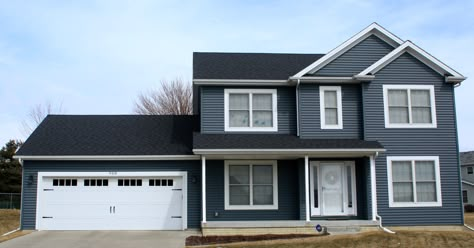 Wedgewood siding with white trim Wedgewood Blue House Exterior, Blue Siding House, Siding With White Trim, Cladding Colours, House With White Trim, Gray Siding, Beach House Decor Living Room, Siding House, Exterior Updates