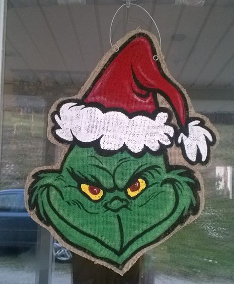 The Grinch Burlap door hanger by Signs & Moore Painted Burlap Door Hangers Diy, Painted Burlap Door Hangers, Burlap Door Hangings, Dorm Door Decorations, Door Wreaths Burlap, Burlap Signs, Burlap Door Hanger, Door Hangers Diy, Burlap Door Hangers