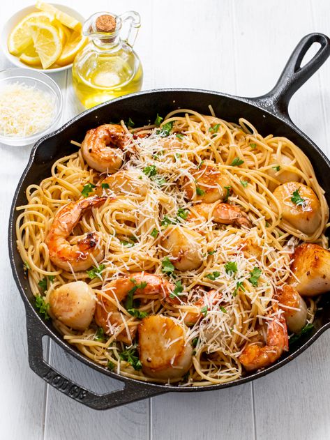 Shrimp and Scallop Scampi Shrimp And Scallop Scampi, Scallop Scampi Recipe, Scallop Scampi, Scallop Pasta, Wild Sea, Shrimp Scallops, Weekday Dinner, Sea Scallops, White Wine Sauce