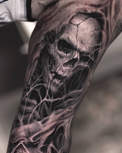 Tattoo artist Darwin Enriquez, black&grey and color realistic tattoo | USA Last Rites Tattoo, Evil Skull Tattoo, Skull Art Tattoo, Skull Hand Tattoo, Reaper Tattoo, Skull Sleeve Tattoos, Skull Sleeve, Realistic Tattoo Sleeve, Evil Tattoos