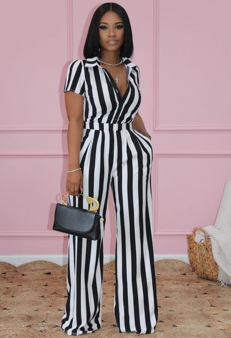 Fashion Trend Inspiration, Sport Exercise, Classy Jumpsuit, Modest Dresses Fashion, 2piece Outfits, 2 Piece Sets, White Long Sleeve Blouse, Striped Jumpsuit, Latest African Fashion Dresses