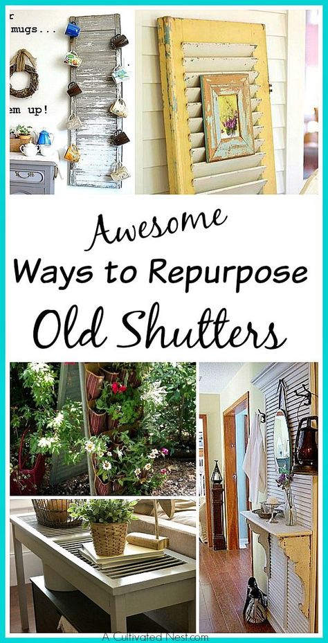 Awesome Ways To Repurpose Old Shutters - Lots of great inspiration! DIY home decorating projects, upcycle projects, vintage, shutters, decorating ideas Shutter Shelf, Shutter Projects, Shutter Decor, Green Shutters, Diy Shutters, Old Shutters, Diy Upcycling, Shutter Doors, Window Shutters