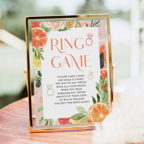 Tropical Citrus Bridal Shower Ring Game Sign Bridal Shower Ring Game, Citrus Wedding, Shower Rings, Tropical Bridal Showers, Ring Game, Main Squeeze, Bridal Shower Welcome Sign, Engagement Party Decorations, Shower Welcome Sign