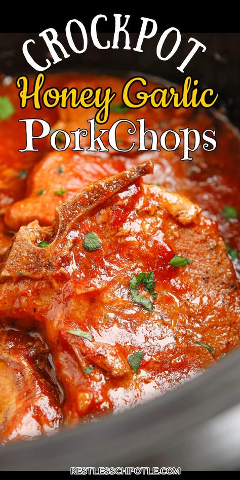 Easy Slow Cooker Honey Garlic Pork Chops are incredibly juicy and tender, perfectly glazed in a delicious honey garlic sauce. Crockpot Garlic Pork Chops, Crockpot Honey Garlic Pork Chops, Crockpot Pork Chops Honey Garlic, Slow Cooker Honey Garlic Pork Chops, Honey Garlic Pork Chops Instant Pot, Slower Cooker Pork Chops, Honey Garlic Pork Chops Crock Pot, Pork Chops In The Crock Pot Boneless, Pork Chop Slow Cooker Recipes