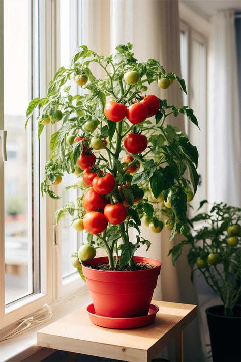 Indoor Veggie Garden Apartment, Indoor Garden Inspiration, Starting Plants Indoors, Indoor Container Gardening, Tomato Plant Aesthetic, Indoor Food Plants, Indoor Vegetable Garden Ideas, Plants That Survive Winter, Indoor Gardens Ideas