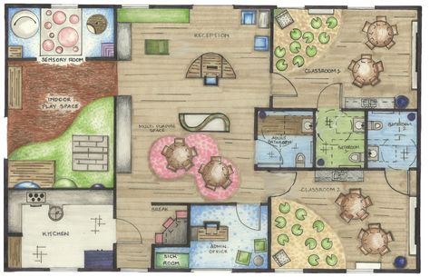 Childcare Center Design Floor Plans, Childcare Center Design, Daycare Building Plans, Daycare Center Layout, Daycare Flooring, Daycare Floor Plans, Site Development Plan, Classroom Map, Rendered Floor Plan