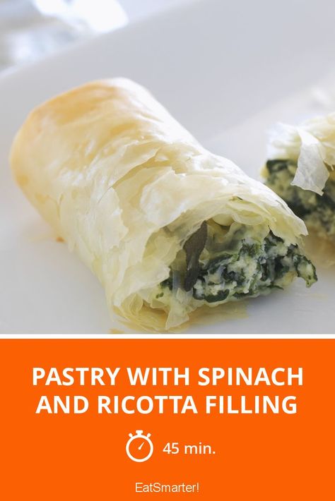 Pastry with Spinach and Ricotta Filling - simple dish - So healthy is the recipe: 86.0/10 | A recipe idea by EAT SMARTER | Filo Dough, Vegetable, Herb, pastry, Cheese, roulade, Asian, European, Greek, Turkish #leafygreenvegetable #healthyrecipes Filo Dough, Ricotta Filling, Spinach And Ricotta, Spinach Ricotta, Best Appetizer Recipes, Pastry Sheets, Chicken Dishes Recipes, Healthy Appetizers, Healthy Delicious