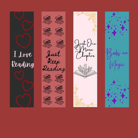 "Looking for the best bookmarks for book lovers? This product could be perfect for you. Information before buying:  These bookmarks are 2x8 in. Reading Bookmarks for Book Lovers. These are 4 book-themed bookmarks that are a digital download (printable). An I Love Reading bookmark, a Just Keep Reading bookmark, Just One More Chapter bookmark, Books are Magic bookmark. You will get the digital file as soon as you buy it so that you can download it, print it on cardstock, laminate it, and cut it. You can print at home, online, or in the store. This is a digital download. You will not get a refund if you mistake this for a physical product. This was created on Canva. About this product: This is perfect for people who love to read because there are bookish sayings and cute images displayed on e Bookish Sayings, Just One More Chapter Bookmark, One More Chapter Bookmark, Quote Bookmarks, Books Are Magic, Readers Quotes, Themed Bookmarks, Best Bookmarks, Reading Bookmarks